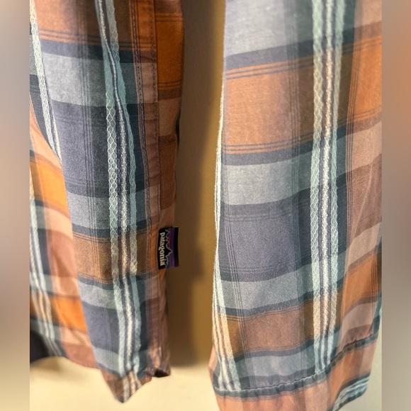 Patagonia Organic Cotton Shirt Mens Blue Orange Plaid Pearl Snap Western Size L - Picture 10 of 10